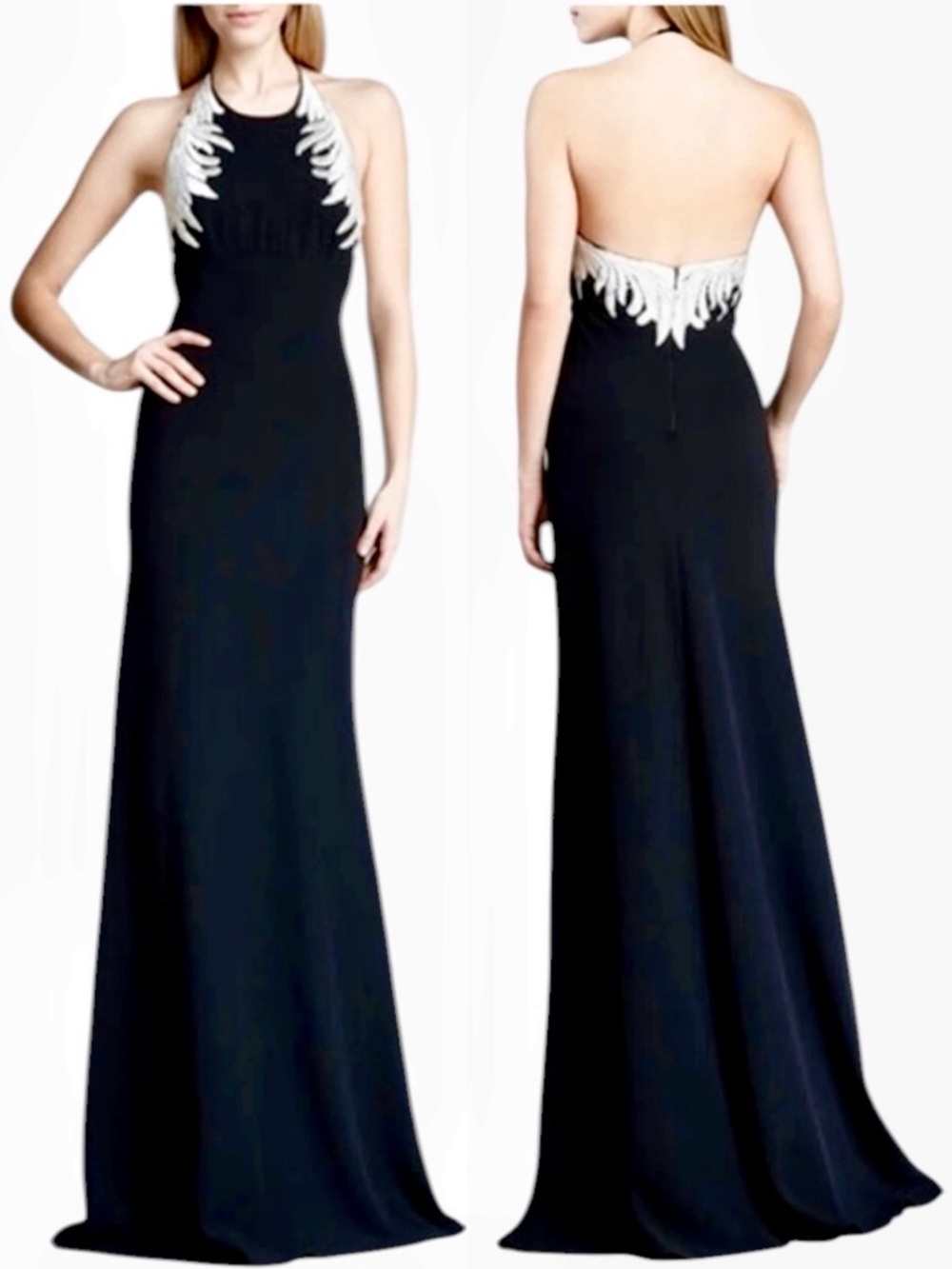 Carmen Marc Valvo Silver Embroidered Wings Black Halter‎ Maxi Gown - Size 8